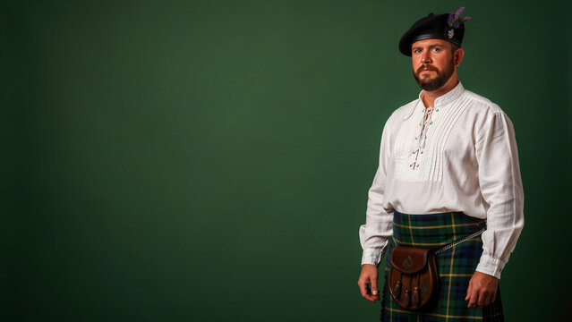 Man wearing traditional Scottish kilt and ghillie shirt against green background. Proud male in highlander attire with sporran and tam cap. Cultural heritage concept for tourism and ancestry ads.