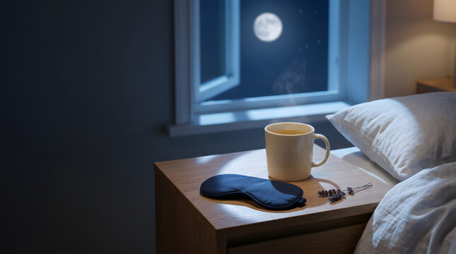 Steaming herbal tea with sleep mask and lavender on nightstand in moonlit bedroom