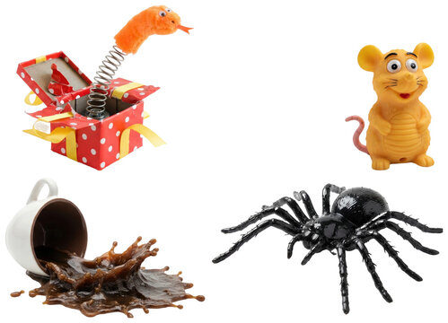 A playful collection of prank props and joke toys including a fake spilled coffee cup, toy spider, prank box, and squeaky mouse.