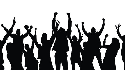 Fototapeta premium People silhouettes stand with arms raised high in a triumphant gesture of collective victory and intense celebration that represents high-energy team synergy against a clean, stark white backdrop.