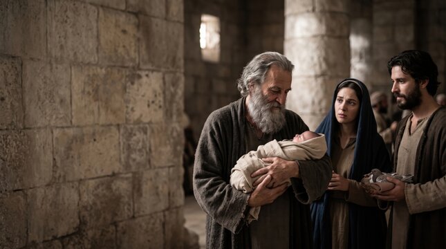 Simeon holding baby Jesus in the temple with Mary and Joseph standing nearby. Biblical scene of the presentation of the Lord in Jerusalem. Sacred religious historical reenactment.