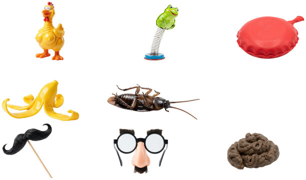 A playful collection of classic prank props and gag accessories for jokes and party fun.