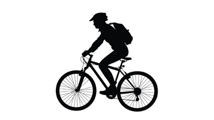 Fototapeta premium Cyclist riding a mountain bike appears as a solid black silhouette against a bright white background to emphasize active lifestyle, outdoor fitness, and sustainable urban transportation.