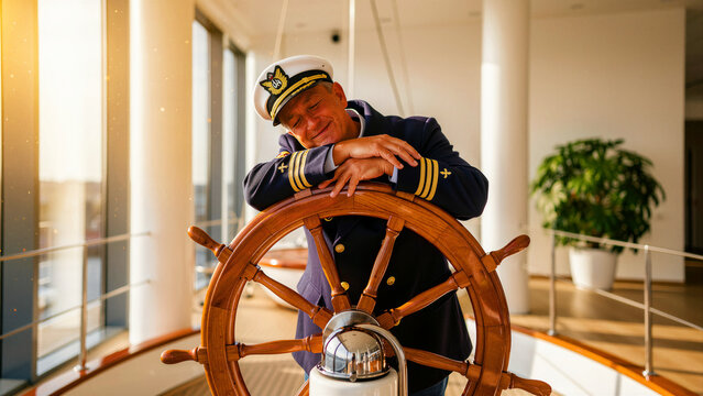 Ship captain in uniform leaning on a wooden steering wheel. Smiling senior mariner resting on the bridge of a luxury vessel. Nautical leadership concept for maritime travel and career marketing.