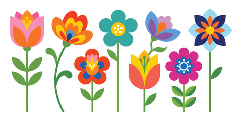 Vibrant folk art style floral set traditional blooming flowers vector illustration © MDABDUL