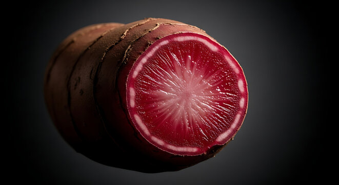 Fresh cut cross section of a red root vegetable with vegetable, ingredient