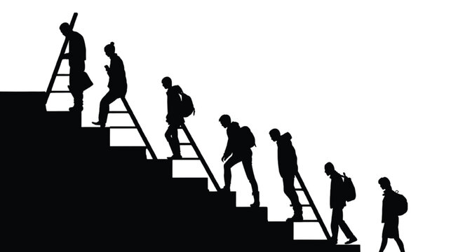 Silhouettes of people climbing up a steep staircase using ladders signify the challenging journey of personal career growth and professional advancement towards reaching ambitious corporate goals.