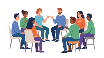 Obraz premium Multicultural diverse group of people sitting in circle for community support meeting flat vector illustration