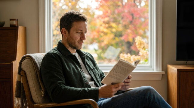 Man sitting comfortably in armchair reading book near large window during autumn season