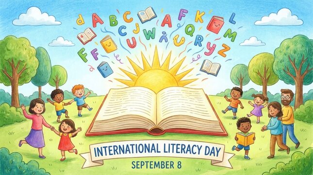 Children celebrating International Literacy Day with giant book