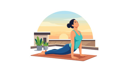 Fototapeta premium Young woman practicing cobra yoga pose on a rooftop during sunrise for morning wellness flat design vector illustration.