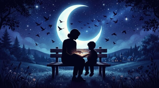 Mother and child reading under moonlight