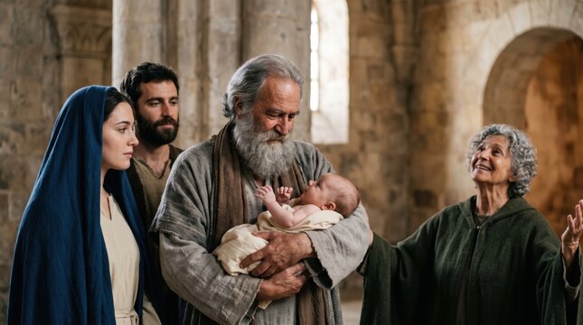 Simeon holding baby Jesus in the temple with Mary, Joseph, and Anna the prophetess. Biblical scene depicting the presentation of Jesus as described in the gospel of Luke, chapter 2.