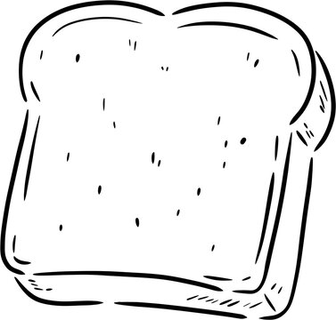 Hand-drawn slice of white bread line art illustration, cute toast doodle, black and white bakery clipart isolated on white background.