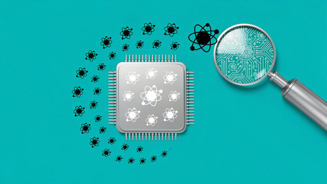 Quantum processor chip with atom icons and magnifying glass on teal. Illustration of nanotechnology and advanced semiconductor engineering. Science and future tech concept for computing marketing.