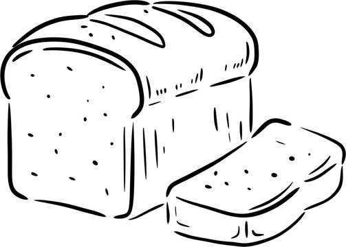 Hand-drawn loaf of bread with a separate slice line art illustration, cute bakery bread doodle, black and white clipart isolated on white background.