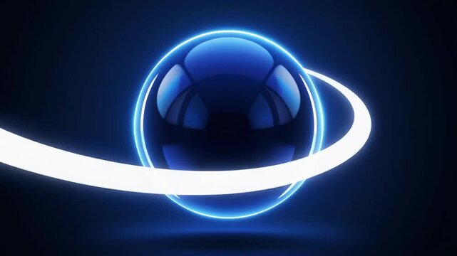 Abstract ball animation shifts shiny blue sphere models. Glowing white ring signs trace minimal geometry marks. Clean creative studio presentation sets loop canvas art.