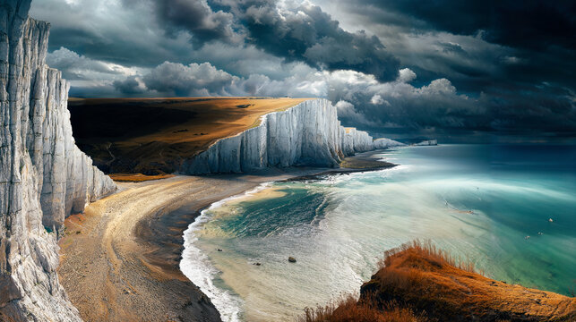 Dramatic white coastal cliffs beneath storm clouds