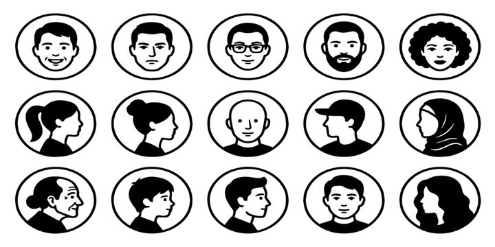A comprehensive vactor set featuring diverse hand drawn avatars of people in circular frames for digital design projects