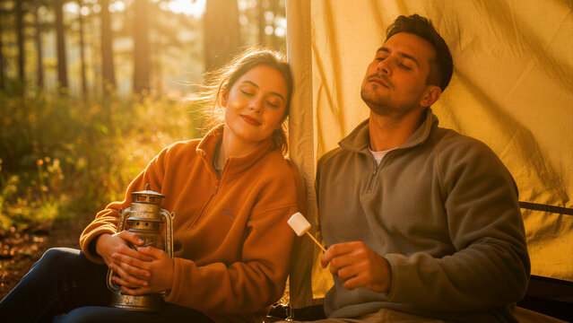 Couple relaxing outside tent in forest during golden hour. Woman holding vintage lantern while man holds marshmallow by campsite. Peaceful outdoor lifestyle theme for travel and camping marketing.