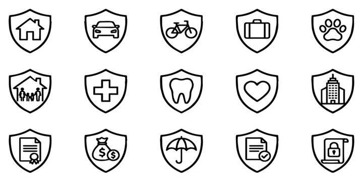 Comprehensive insurance icon vactor set featuring various protection symbols for home health auto and financial security concepts