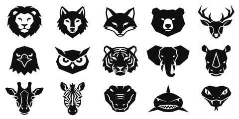 A comprehensive vactor set featuring various wild animal head silhouettes for creative design and branding projects © Moja