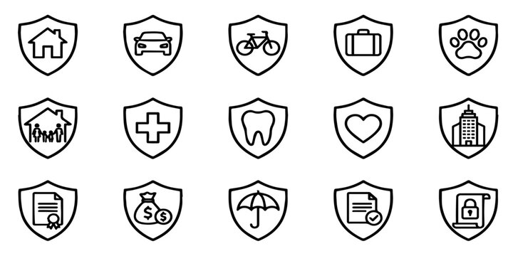 Comprehensive insurance icon vactor set featuring various protective shield symbols for home health car and business coverage options