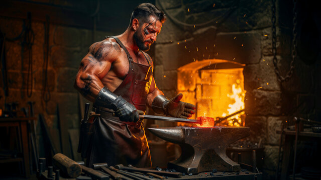 Muscular blacksmith forging hot metal on an anvil in a rustic shop. Strong craftsman working with fire and sparks in a traditional forge. Strength and manual labor concept for marketing campaigns.