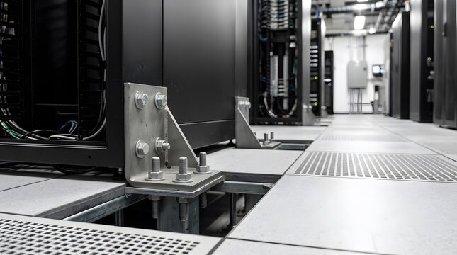 seismic server rack anchoring system secured beneath raised access flooring for resilient enterprise data center infrastructure