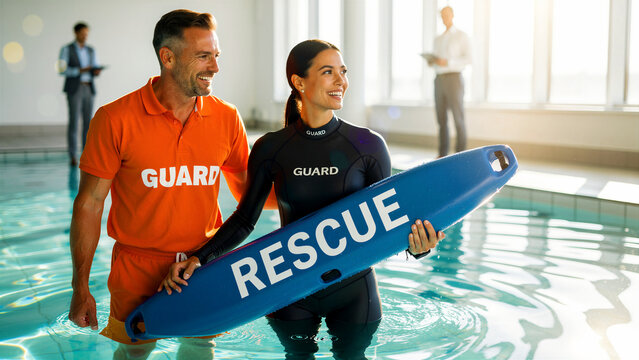 Lifeguards in pool holding rescue board. Professional male and female guards at indoor aquatic center. Water safety concept for training and security ads.
