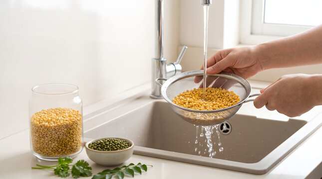 Hands washing yellow split peas in metal strainer under running water in kitchen