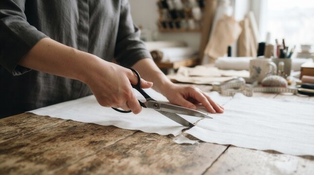 Person hands holding pair scissors cutting Upholsterer a thick sheet of white foam batting