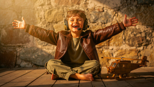 Young boy wearing aviator jacket and headset smiling with arms open. Child playing pilot with wooden toy helicopter on outdoor deck. Childhood imagination and future dreams concept.