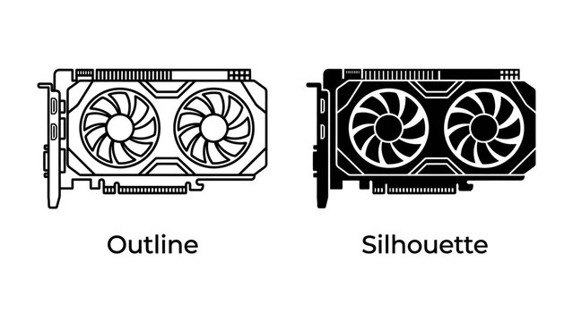 Graphics Card Illustration: A clear depiction of a computer graphics card shown in both outline and silhouette form, highlighting its key components and design.