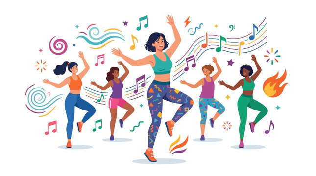Energetic diverse women dancing together in a cardio fitness workout class with music notes flat design vector illustration.