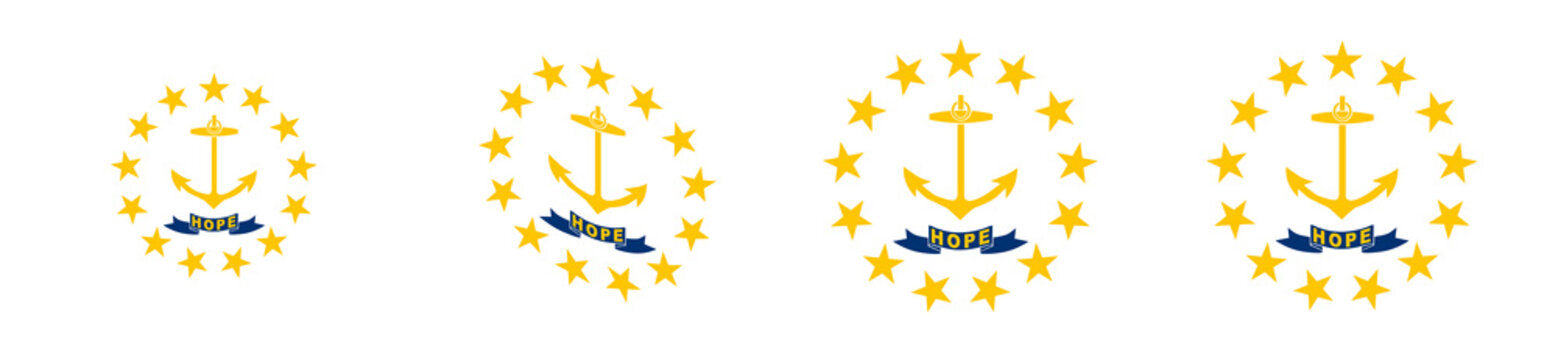 Rhode Island flags set. Rhode Island flag isolated in heart sape. Waving flag of Rhode Island, round flag in circle shape.