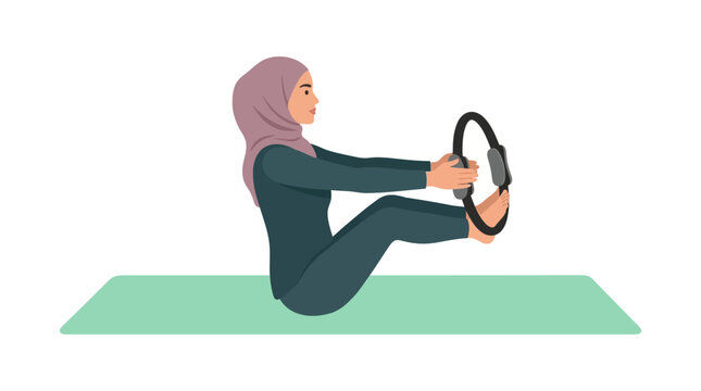 Muslim woman wearing hijab practicing Pilates with magic circle on yoga mat flat design vector illustration.