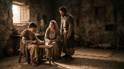 Obraz premium Young boy Jesus working with wood in carpenter workshop. Mother and father watching child Jesus working with tools. Historical scene of holy family in Nazareth, biblical life story.