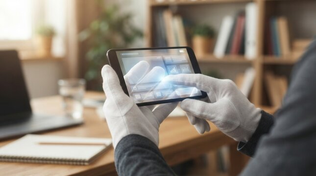 Person hands wearing pair white gloves Technician in applying a glass screen protector