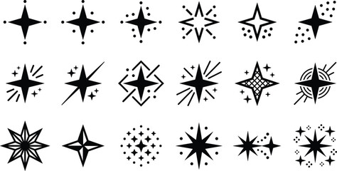 Fototapeta premium Sparkle and Twinkle Star Vector Icon Set with Minimalist Black Silhouette Designs for Magic Effects, Holiday Decorations, and Festive Night Sky Graphics.