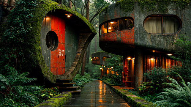 Moss-covered futuristic homes in a rainy forest