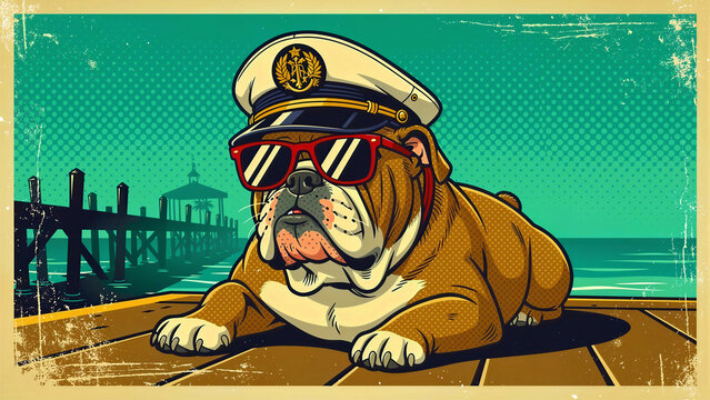 Bulldog wearing captain hat and sunglasses on a pier. Retro pop art illustration of a cool nautical dog. Vintage maritime theme for travel posters and pet lifestyle branding.