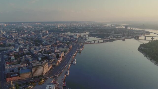 Aerial Sunrise Panorama of Kyiv and Dnipro River Waterfront
