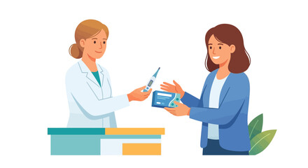 Obraz premium Professional pharmacist consulting patient while handing over medicine and digital thermometer flat design vector illustration