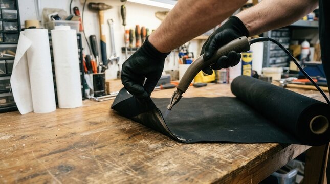 Person hands wearing black gloves using Upholsterer a pneumatic staple gun to attach fabric