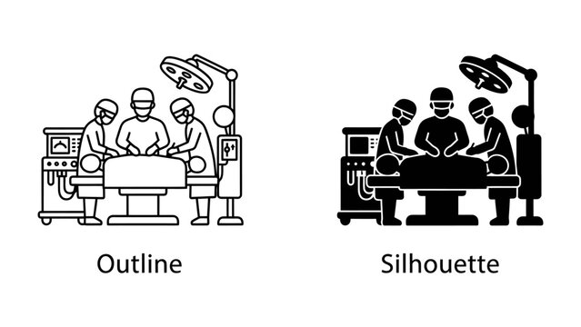 Surgical Team Performing Operation: Two icon versions, an outline and a silhouette, depict a surgical team around a patient on an operating table, illuminated by surgical lights.