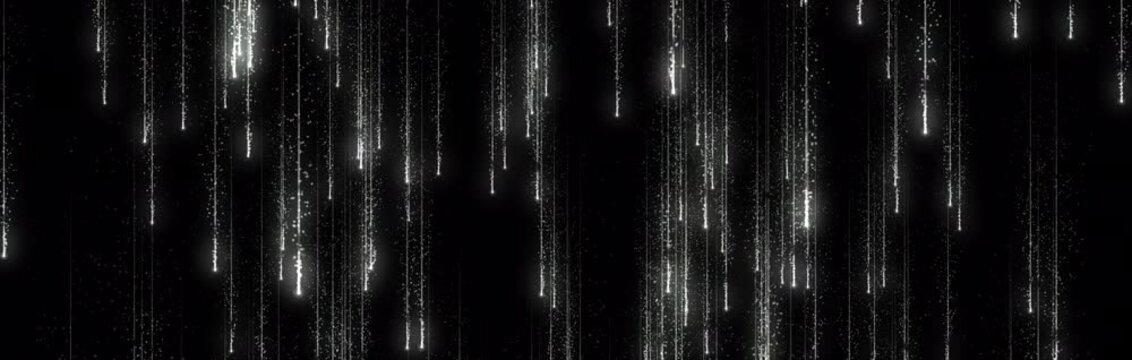 Glowing White Particle Rain Falling Down on Black Background
