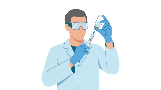 Professional pharmacist in white coat extracting liquid medicine from vial into syringe flat vector illustration.