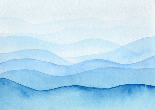 Abstract blue watercolor landscape painting with rolling hills