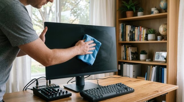 Person hands holding blue microfiber cloth Video editor cleaning a modern computer monitor screen